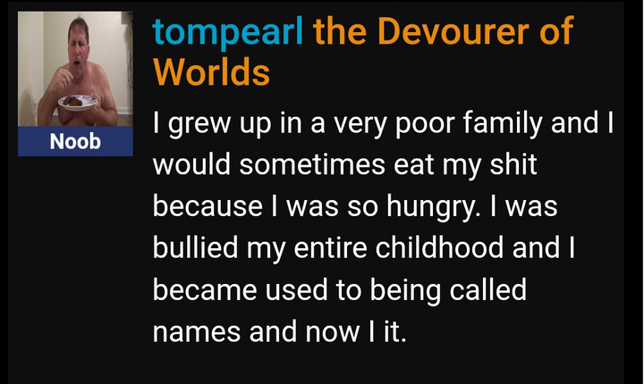 Forum post by tompearl 'the Devourer of Worlds' telling his origin story