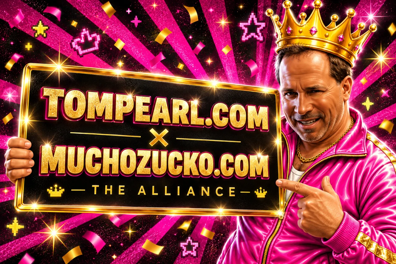 Illustrated Tom Pearl holding a gold sign celebrating the TomPearl.com and MuchoZucko.com alliance