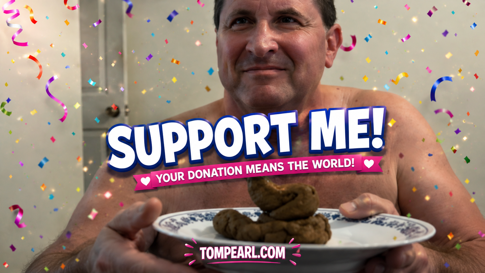 Tom Pearl holding a plate, asking for your support
