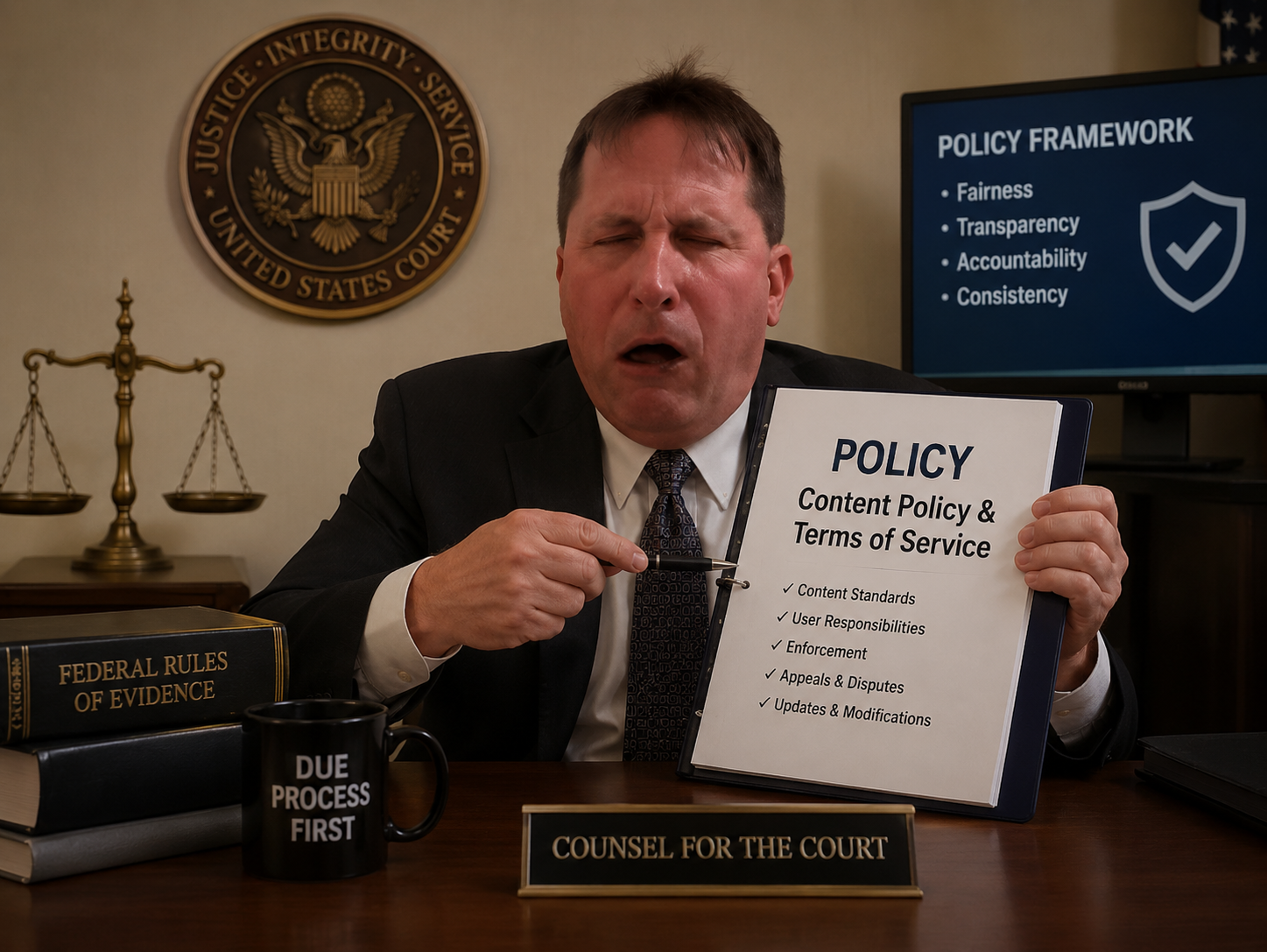Tom Pearl, Counsel for the Court, tearfully presenting the Content Policy binder