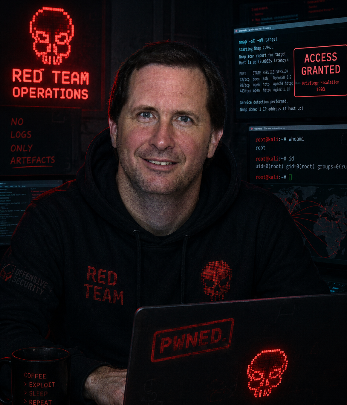 Tom Pearl in a hoodie at a terminal, self-appointed Red Team operator running a scan