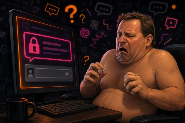 Cartoon of Tom Pearl gagging at a locked internet comment box